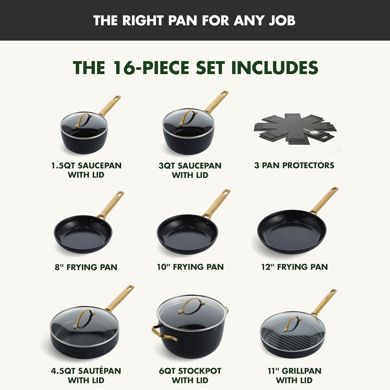 Reserve Hard Anodized Healthy Ceramic Nonstick 10 Piece Cookware Pots and Pans Set, Gold Handle, PFAS-Free, Dishwasher Safe, Oven Safe, Black