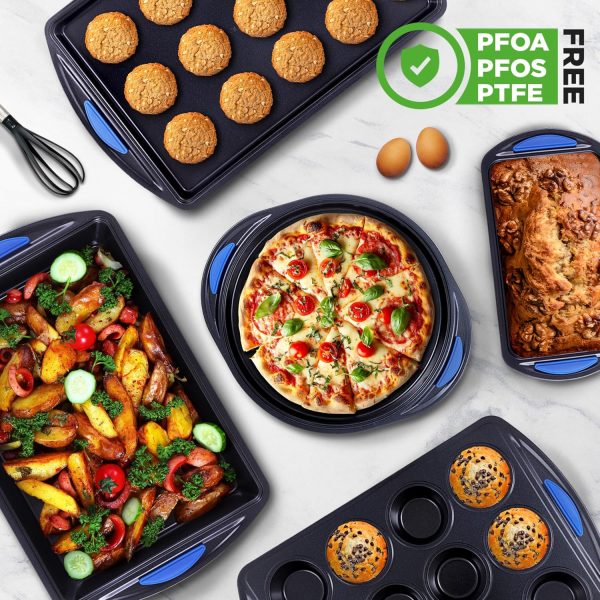 10-Piece Nonstick Bakeware Set Heavy Duty Carbon Steel Baking Trays w/Silicone Handles Includes Cookie Sheets, 12-Cup Muffin Pan, Pizza Loaf Pan, Round Square Pans Easy to Clean