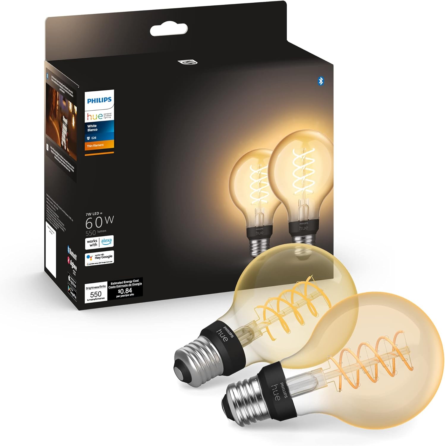Philips Hue White Ambiance G40 LED Bulb 4-Pack, 550LM, E26, Smart Home Compatible with Alexa & Google Assistant