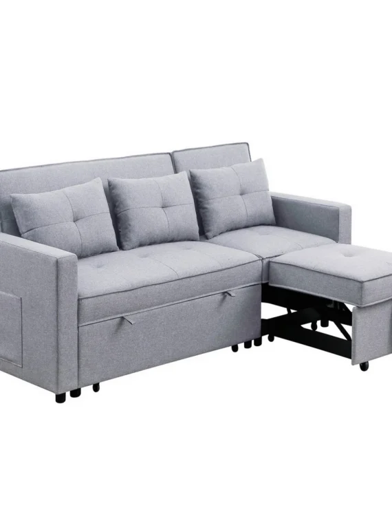 Benjara BM286632 80 in. Jayce Wood Convertible Sleeper Sofa with Side Pocket, Light Gray & Black