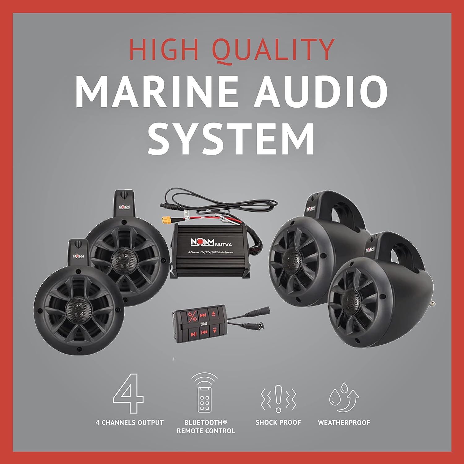 4 Channels Marine Bluetooth ATV/Golf Cart/UTV Speakers Stereo System
