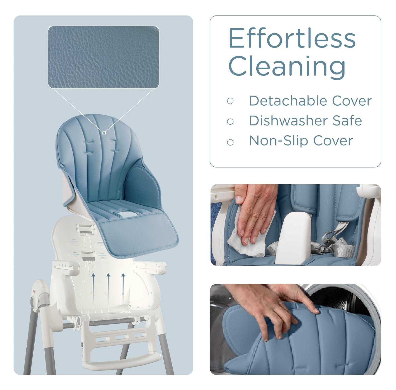 JBG Foldable Baby High Chair, Grey Faux Leather, Adjustable Height & Recline, Removable Tray, Locking Wheels, 5-Point Harness