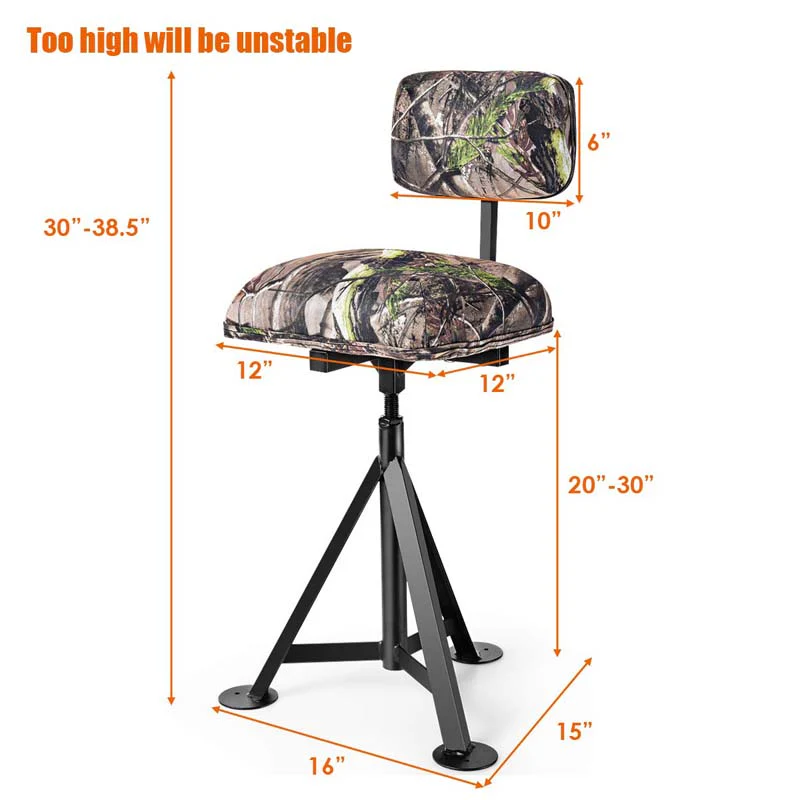360° Camo Swivel Hunting Chair for Outdoor Activities, Height Adjustable Tripod Blind Stool Chair with Detachable Backrest, Padded seat