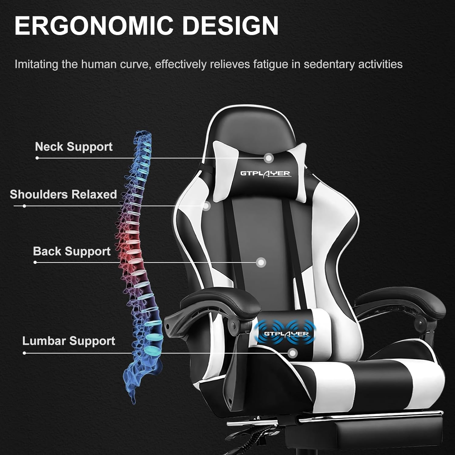 GTPLAYER Gaming Chair, Computer Chair with Footrest and Lumbar Support, Height Adjustable Game Chair with 360  -Swivel Seat and Headrest and for Office or Gaming (White)