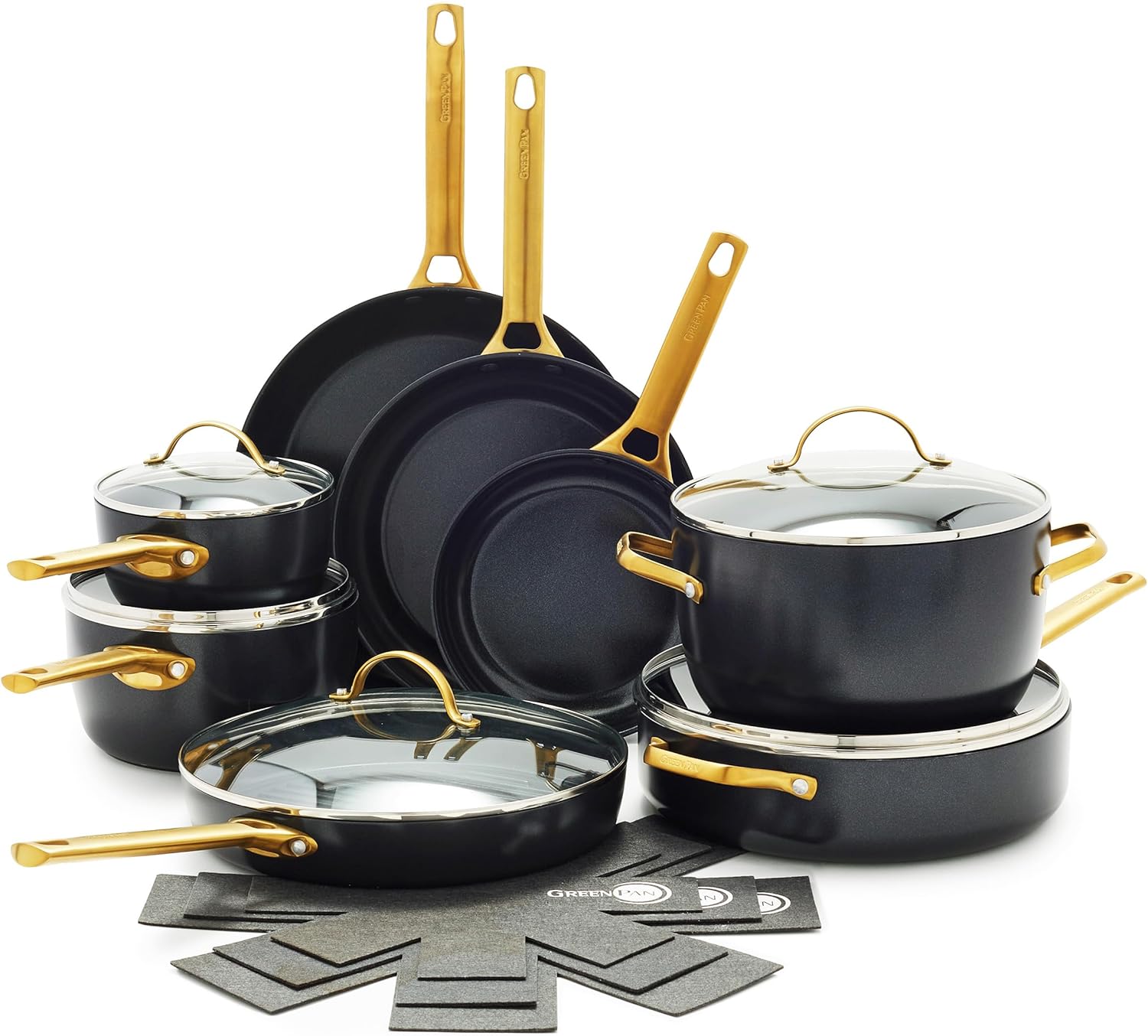 Reserve Hard Anodized Healthy Ceramic Nonstick 10 Piece Cookware Pots and Pans Set, Gold Handle, PFAS-Free, Dishwasher Safe, Oven Safe, Black