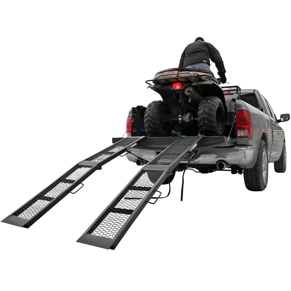 Black Steel Dual Runner Folding ATV Ramps, 90in, 1,500 lbs Capacity, Heavy-Duty with Mesh Surface, Includes Safety Straps