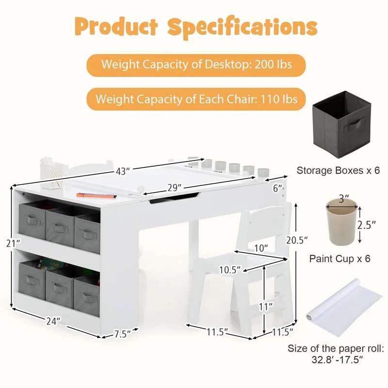 2-in-1 Kids Art Table Chair Set for Drawing Writing, Toddler Craft Play Wood Activity Desk w/2 Chairs Paper Roll Storage Canvas Bins