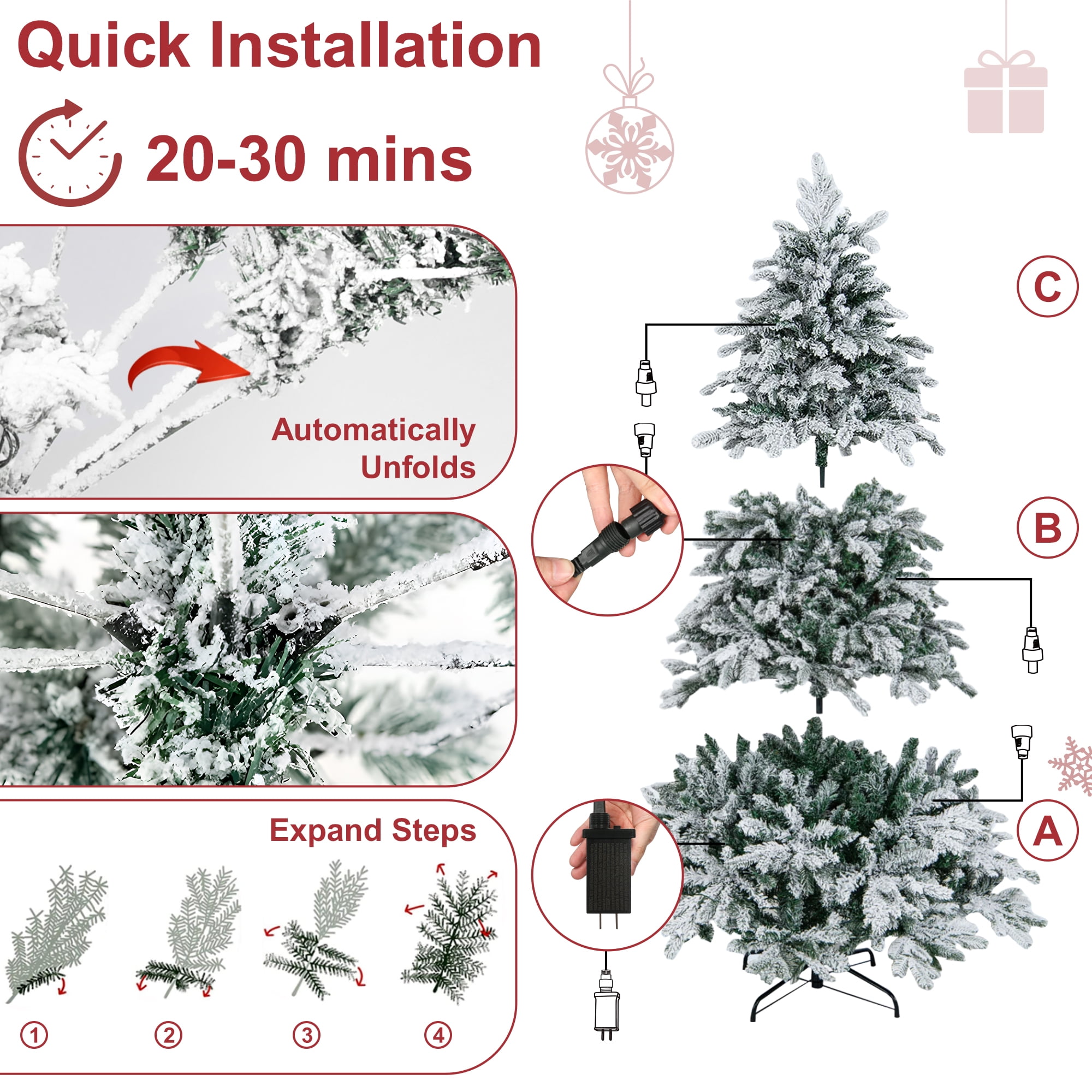 Vrilay 6ft Pre-Lit Snow Flocked Artificial Christmas Tree w/ 1000 Tips 300 Lights, Gold Ribbon & Snowflake Christmas Decorations