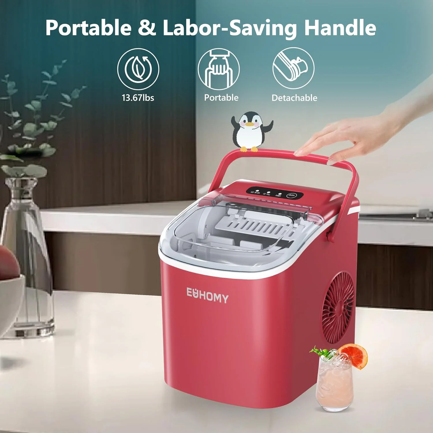 EUHOMY 12'' Red Bullet Ice Portable Self-Cleaning Ice Maker with Handle