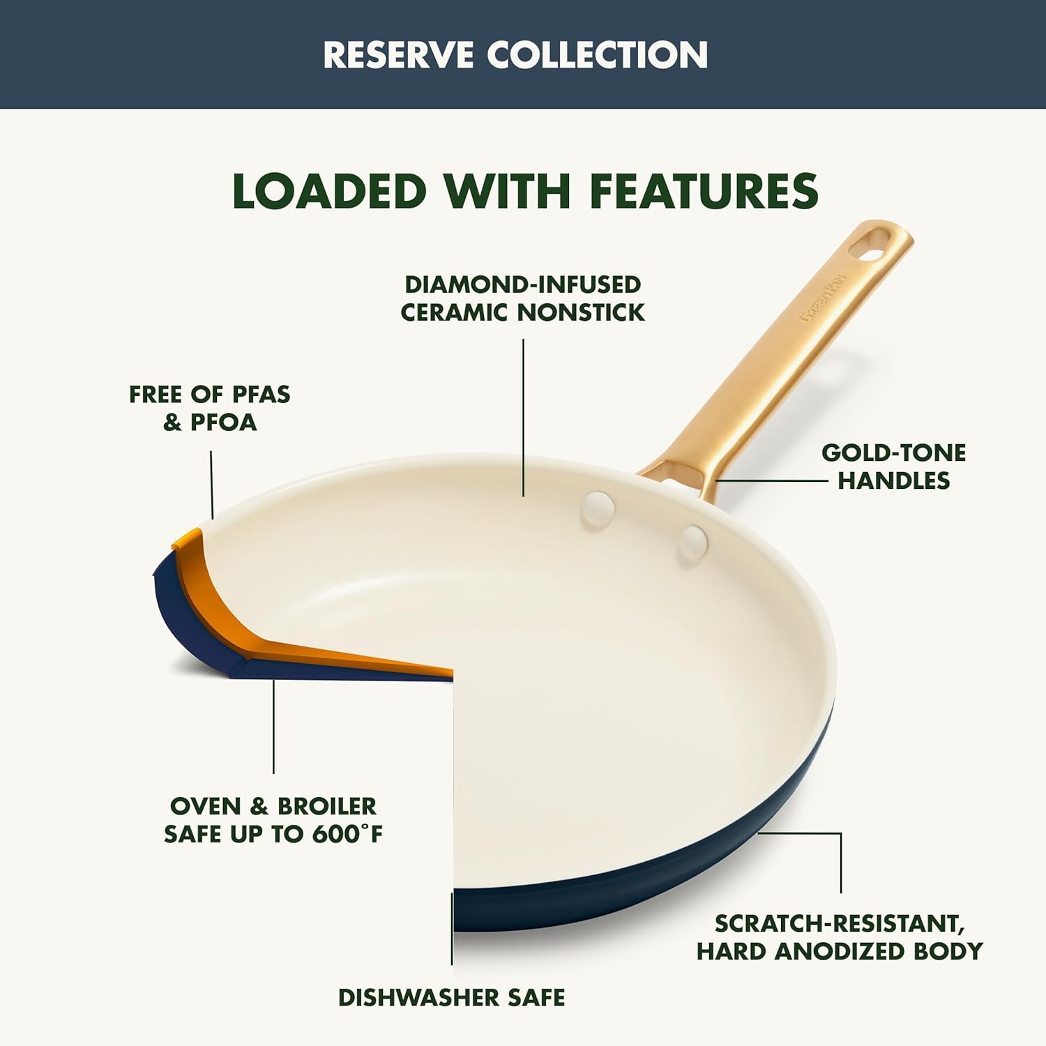 Reserve Hard Anodized Healthy Ceramic Nonstick 10 Piece Cookware Pots and Pans Set, Gold Handle, PFAS-Free, Dishwasher Safe, Oven Safe, Black