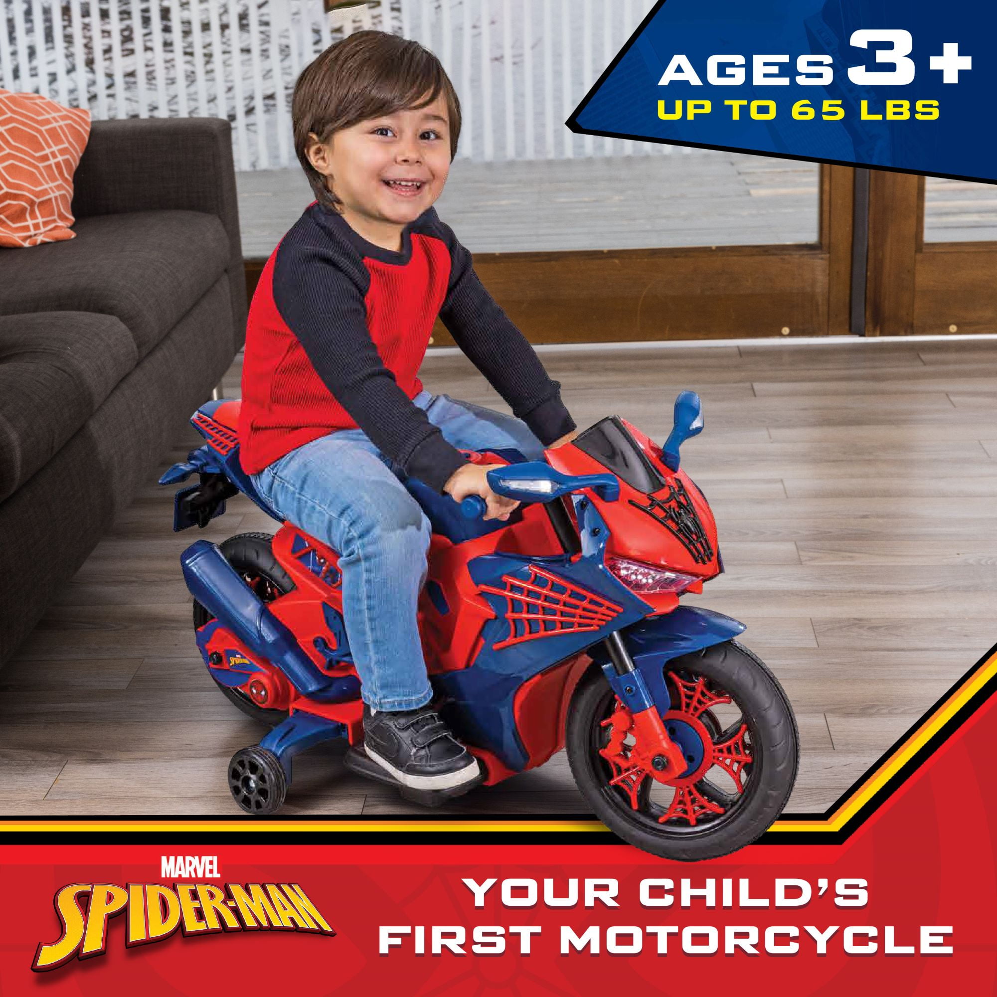 Spiderman 6V Motorcycle Ride on Toy, for Kids, Ages 3+, Rechargeable Battery, up to 65lbs