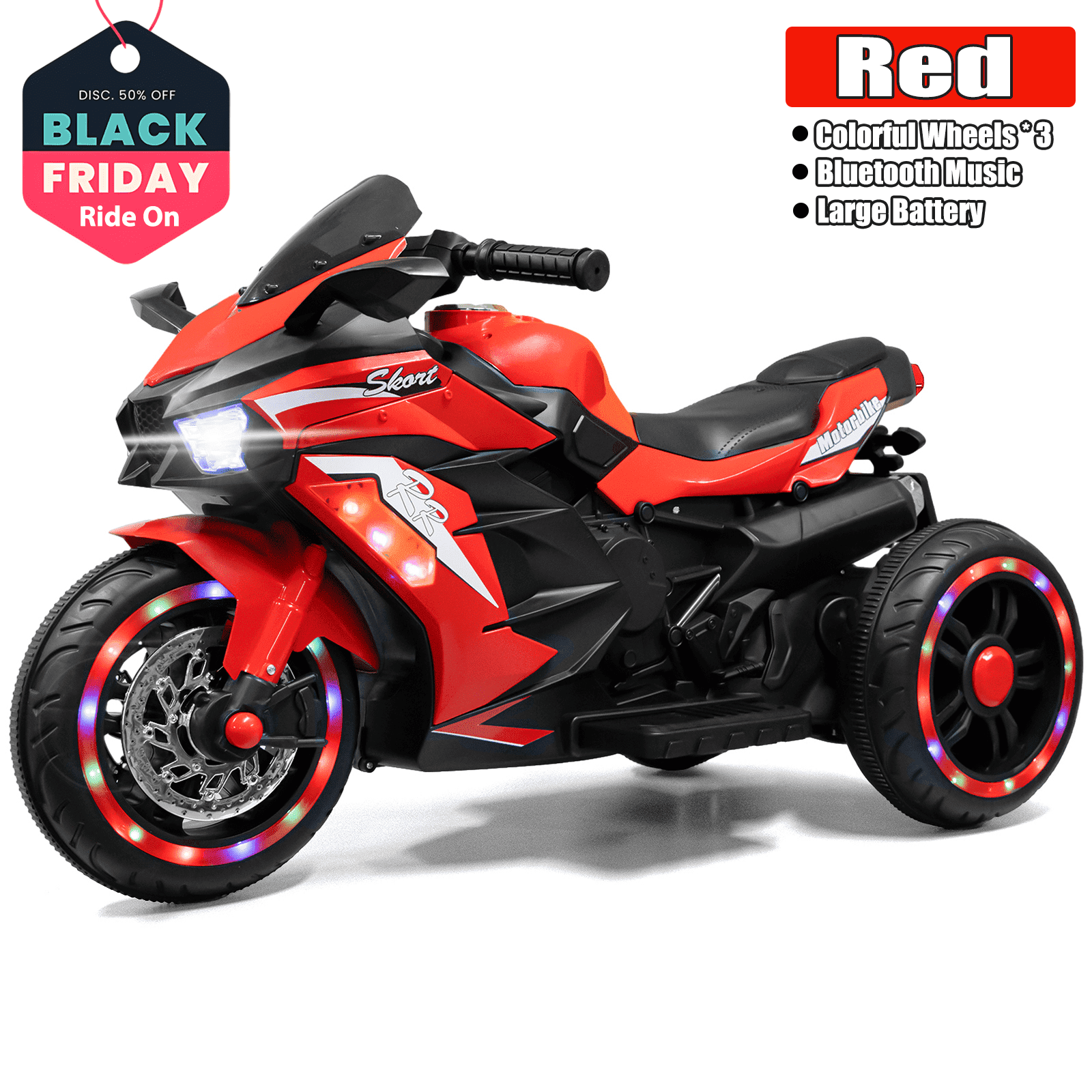 HNH Kids Motorcycle for Kids 3+, 12V Battery Powered Electric Motorbike, 3 Wheels Ride on Toys with LED Lights, Bluetooth Music