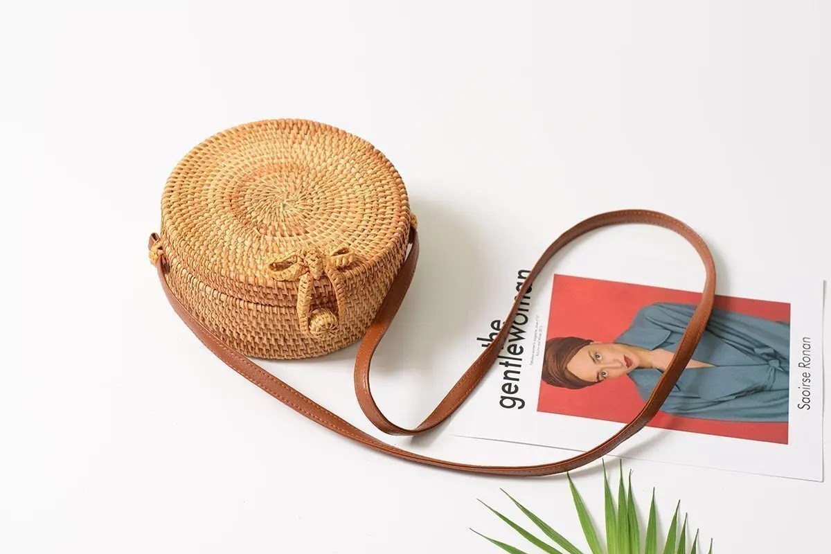 RattanpackTM Boho Round Woven Straw Bag – Handcrafted Rattan Crossbody Purse with Leather Strap
