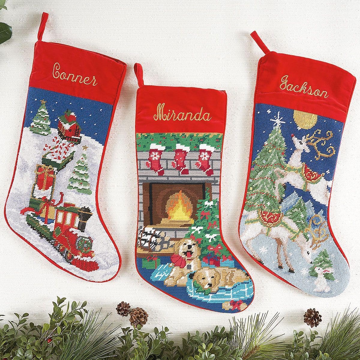 Lillian Vernon Personalized Needlepoint Reindeer Stocking - Heirloom Christmas Stocking, 100% Wool, 9.5” W x 17” L