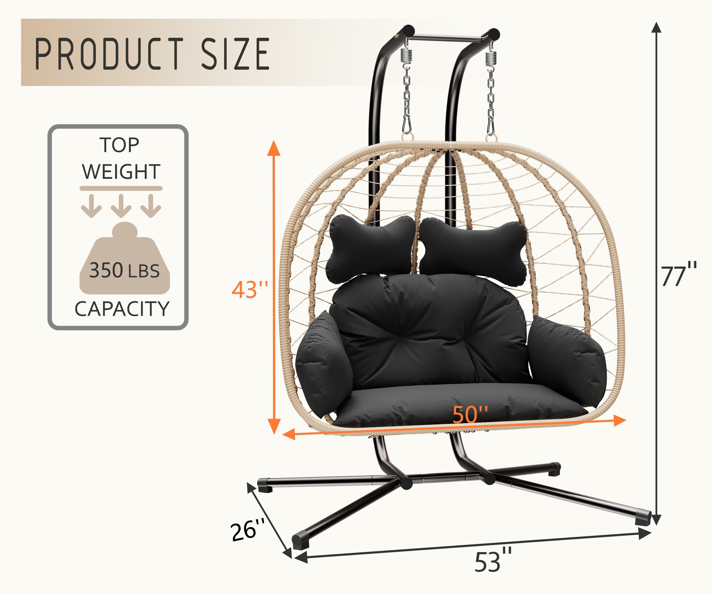 Bifanuo Double Wicker Swing Egg Chair Hammock Foldable Hanging Loveseat with Stand, UV Resistant Removable Cushions, 700LBS Capacity for Bedroom, Balcony (Black and Beige)