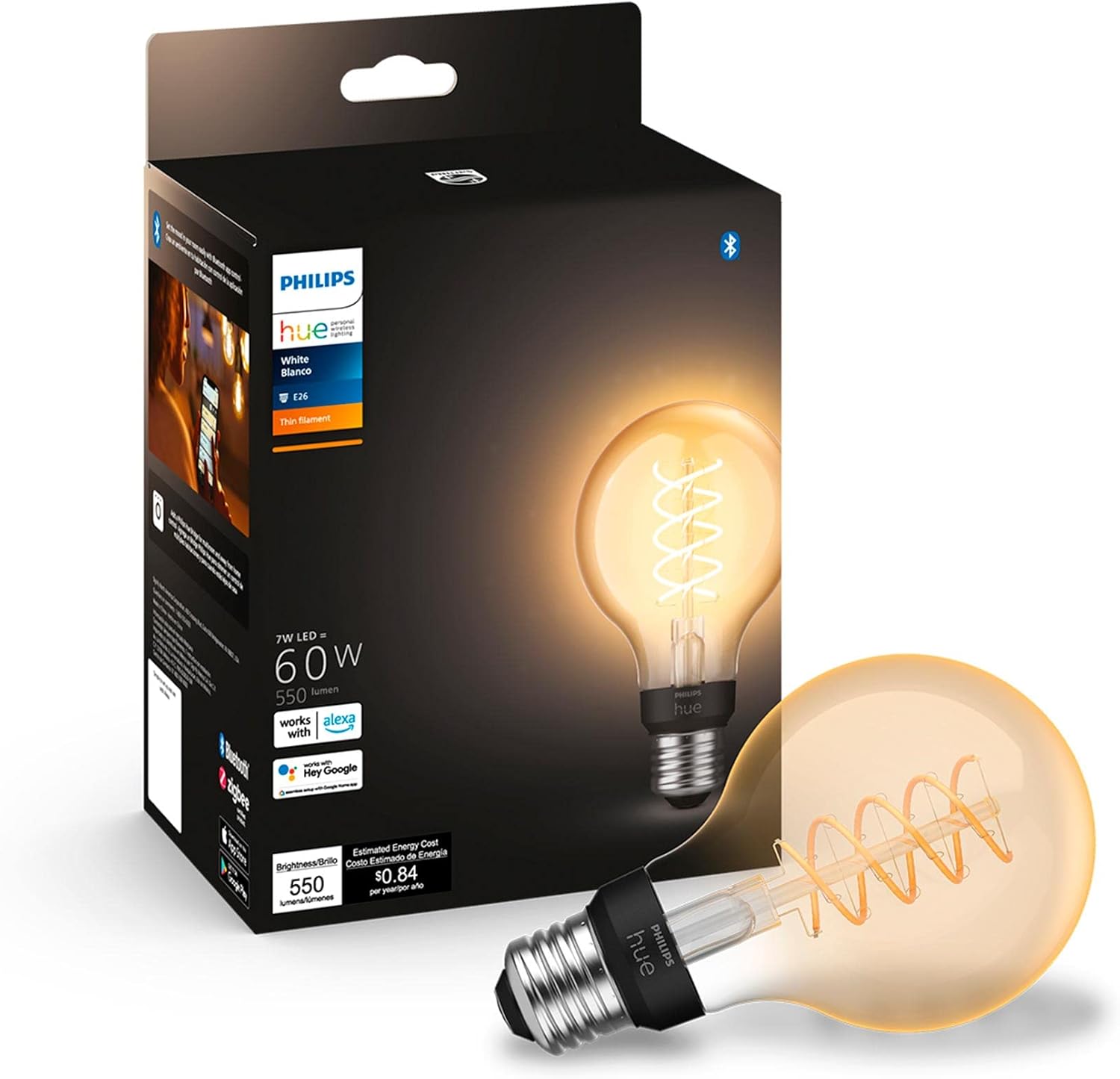 Philips Hue White Ambiance G40 LED Bulb 4-Pack, 550LM, E26, Smart Home Compatible with Alexa & Google Assistant