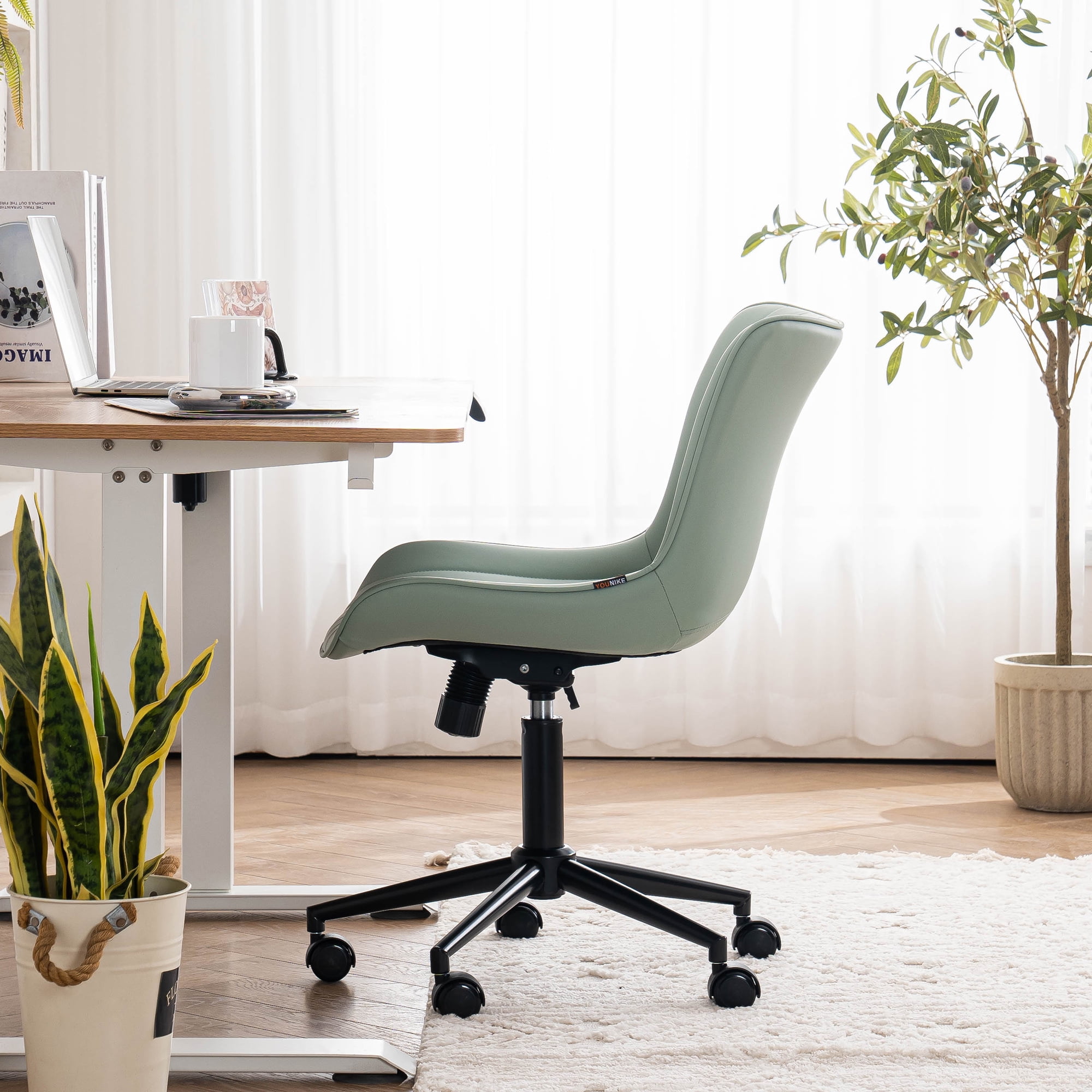 YOUNIKE Cute Armless Office Desk Chair Modern Upholstered Faux Leather Swivel Task Chair, Brown