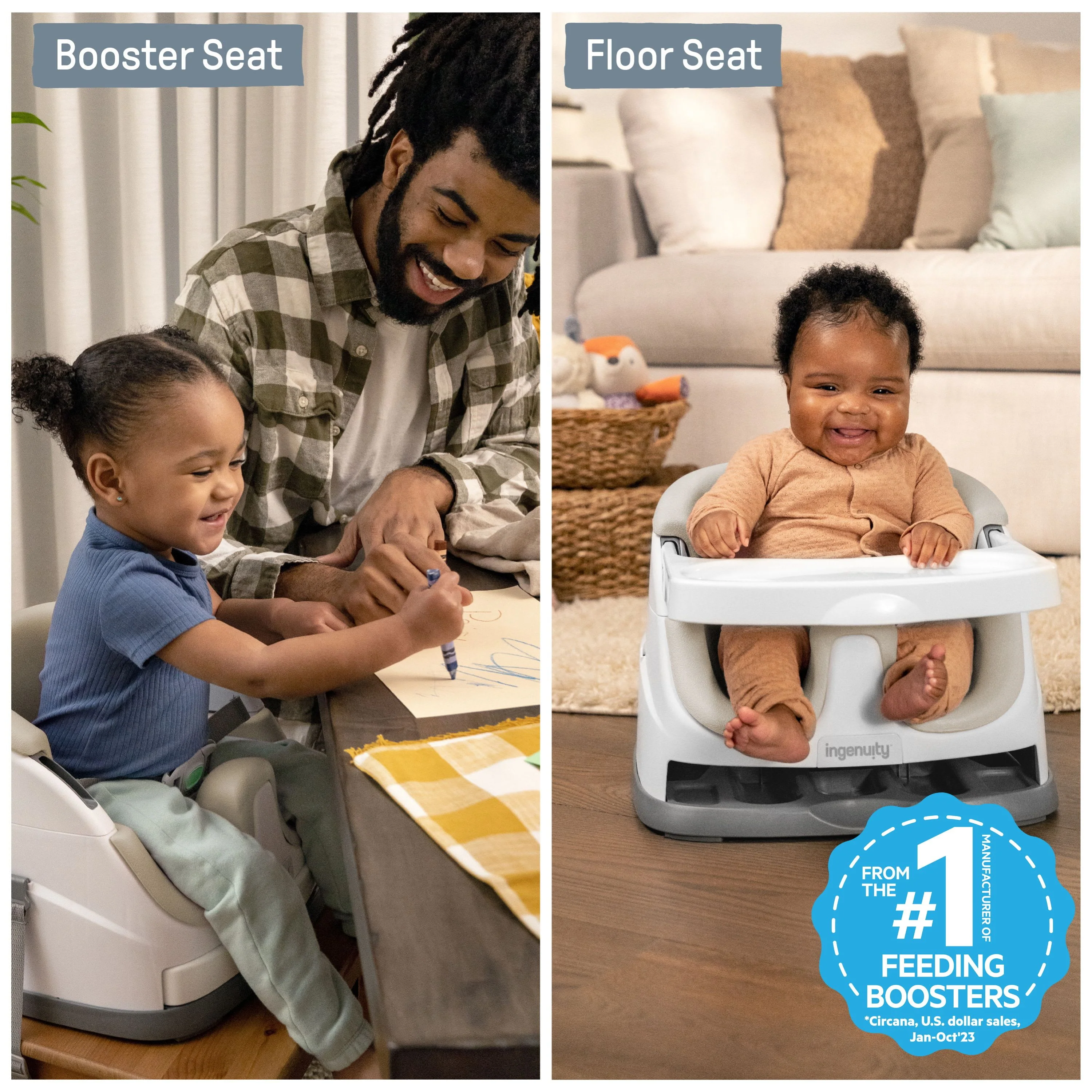Ingenuity Baby Base 2-in-1 Booster Feeding High Chair and Floor Seat with Self-Storing Tray - Cashmere