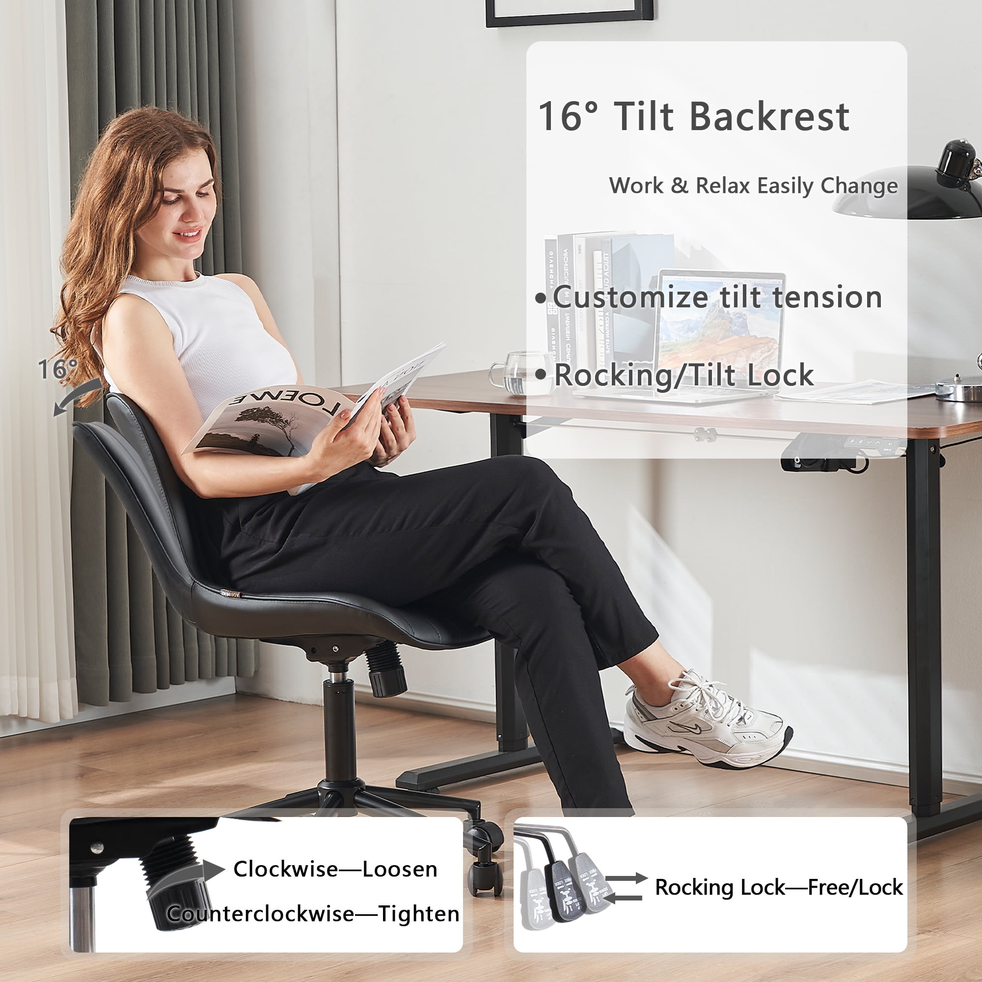 YOUNIKE Cute Armless Office Desk Chair Modern Upholstered Faux Leather Swivel Task Chair, Brown