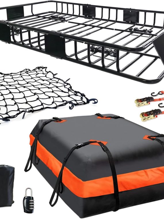Folding hitch mounted cargo basket 60′′ With hook stabilizer, net and straps