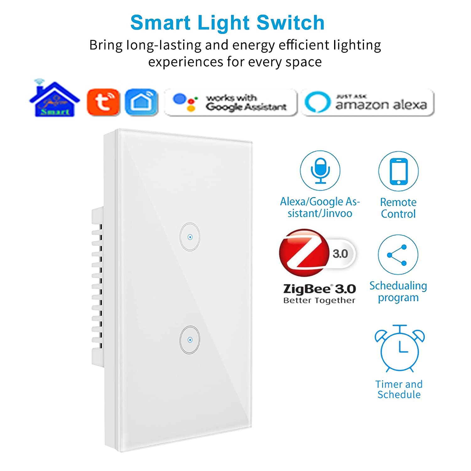 Jinvoo Smart 3-Gang Wall Light Switch, Touch Panel, Alexa & Google Home Compatible, No Hub Needed, 2-Pack, Black