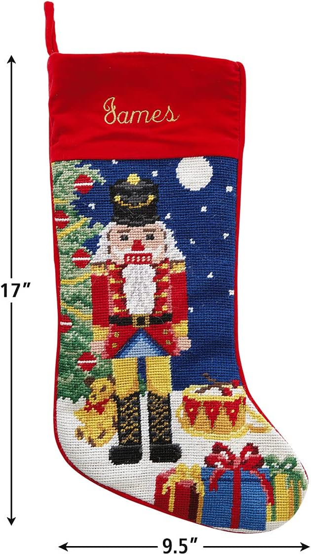 Lillian Vernon Personalized Needlepoint Reindeer Stocking - Heirloom Christmas Stocking, 100% Wool, 9.5” W x 17” L