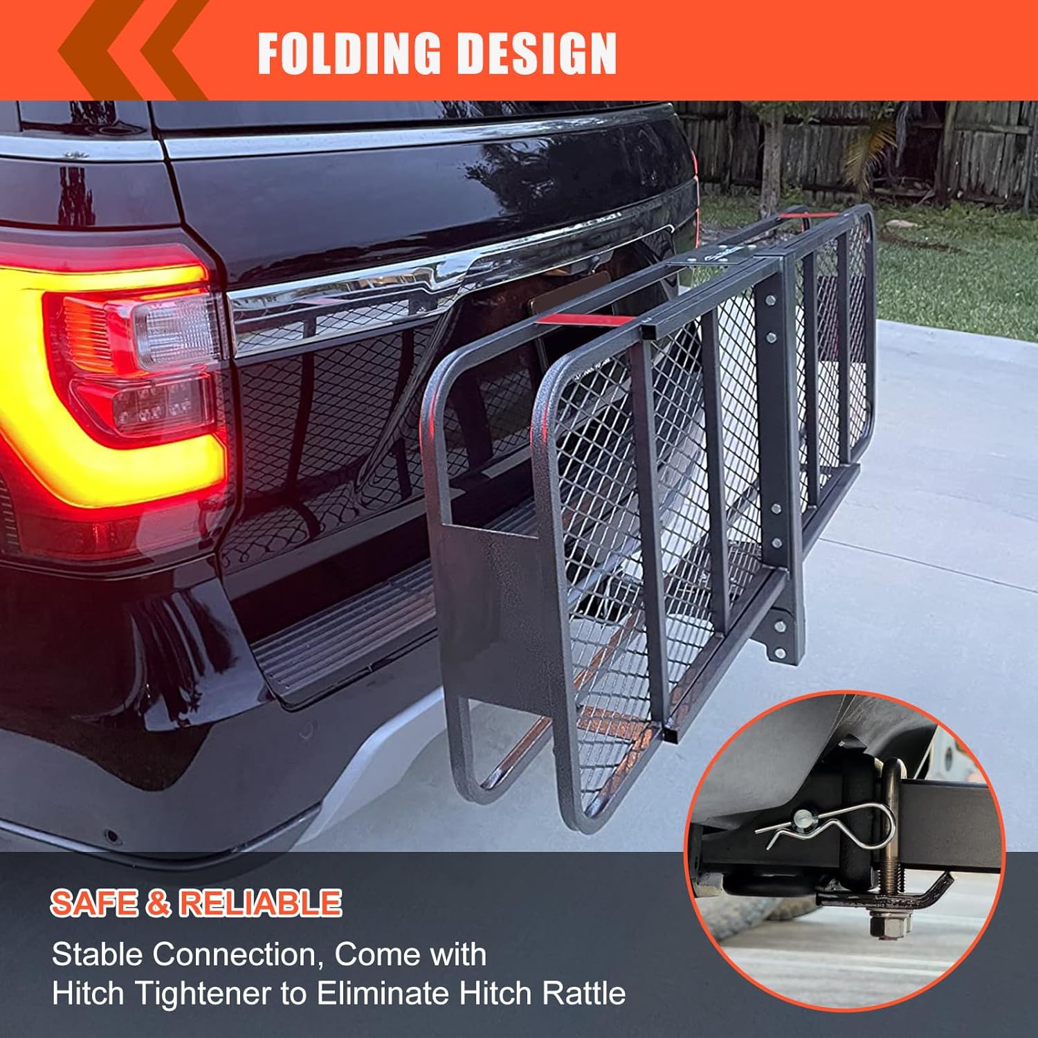 Folding hitch mounted cargo basket 60