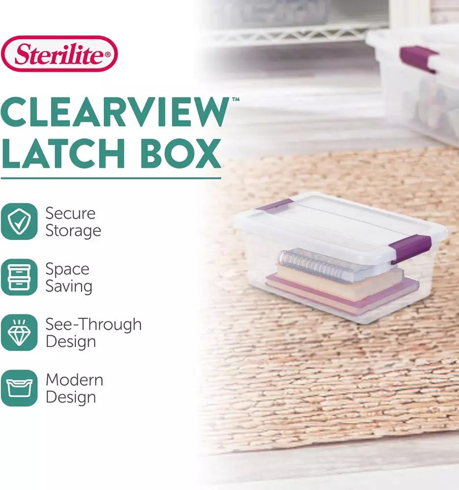 Sterilite 6 Qt ClearView Latch Box, Stackable Storage Bin with Latching Lid, in