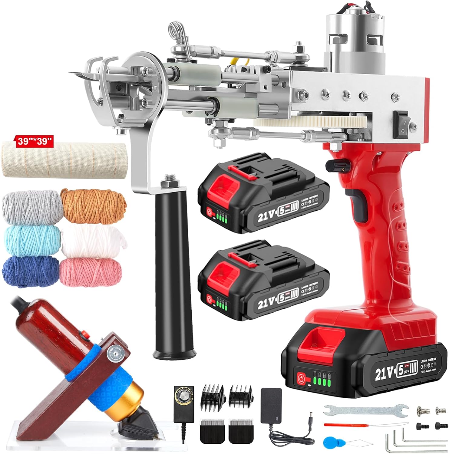2023-Cordless-Rug-Tufting-Gun-Kit with Carpet Trimmer- Tufting-Gun-Starter-Kit-with 2pcs 4.0Ah Batteries .2 in 1 Cut Loop Pile Tufting Gun with Tufting Shears, Carpet Gun Cloth Yarn��Light Red��