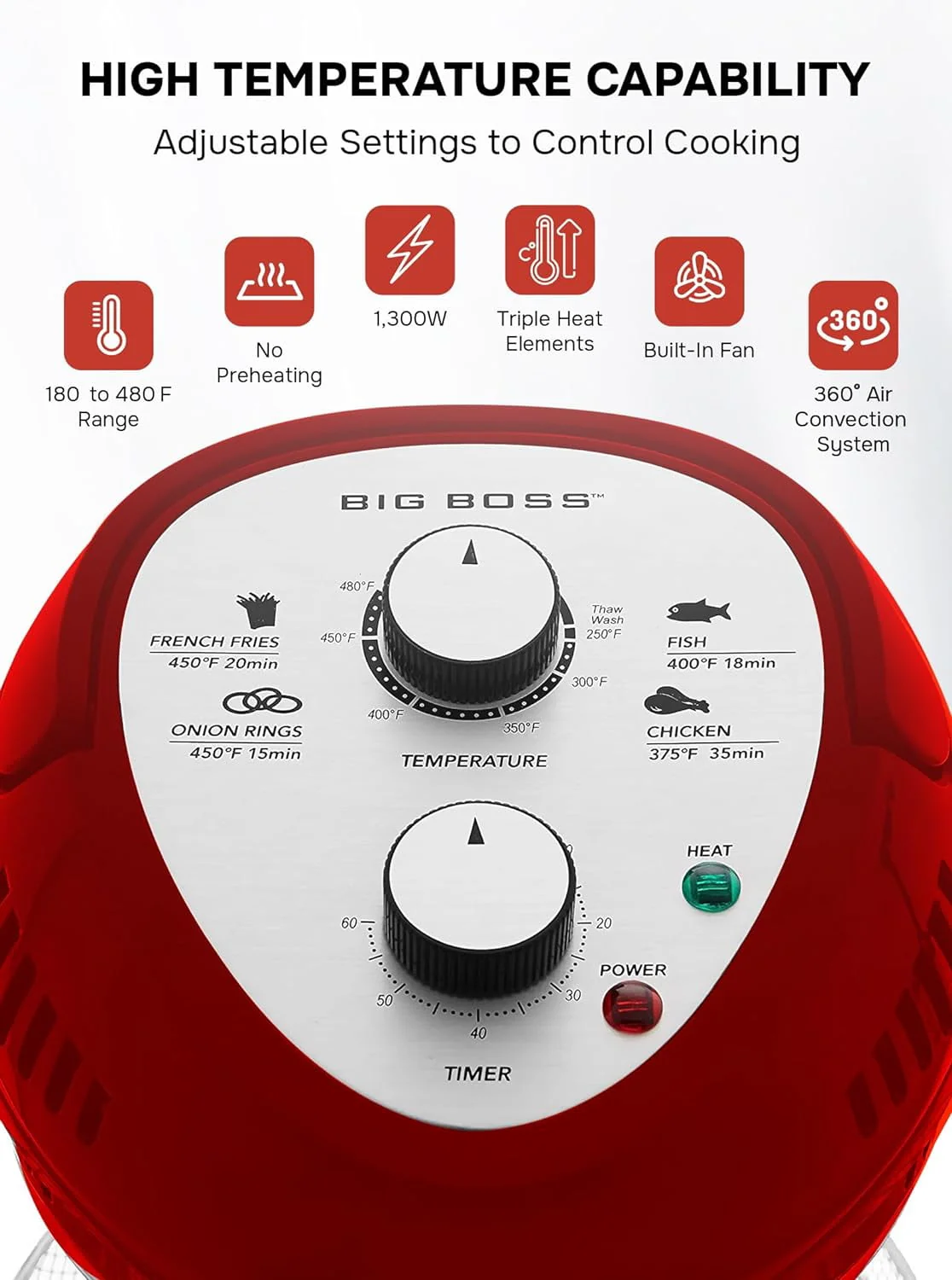 Big Boss Air Fryer Toaster Oven Combo 16Qt Kitchen Countertop Convection Rotisserie 1300W Large Glass Bowl