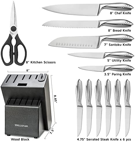 WELLSTAR 14-Piece Rainbow Knife Set, German Stainless Steel with Wood Block & Built-in Sharpener, Colorful Titanium Coating, Includes Chef’s Knife & Scissors