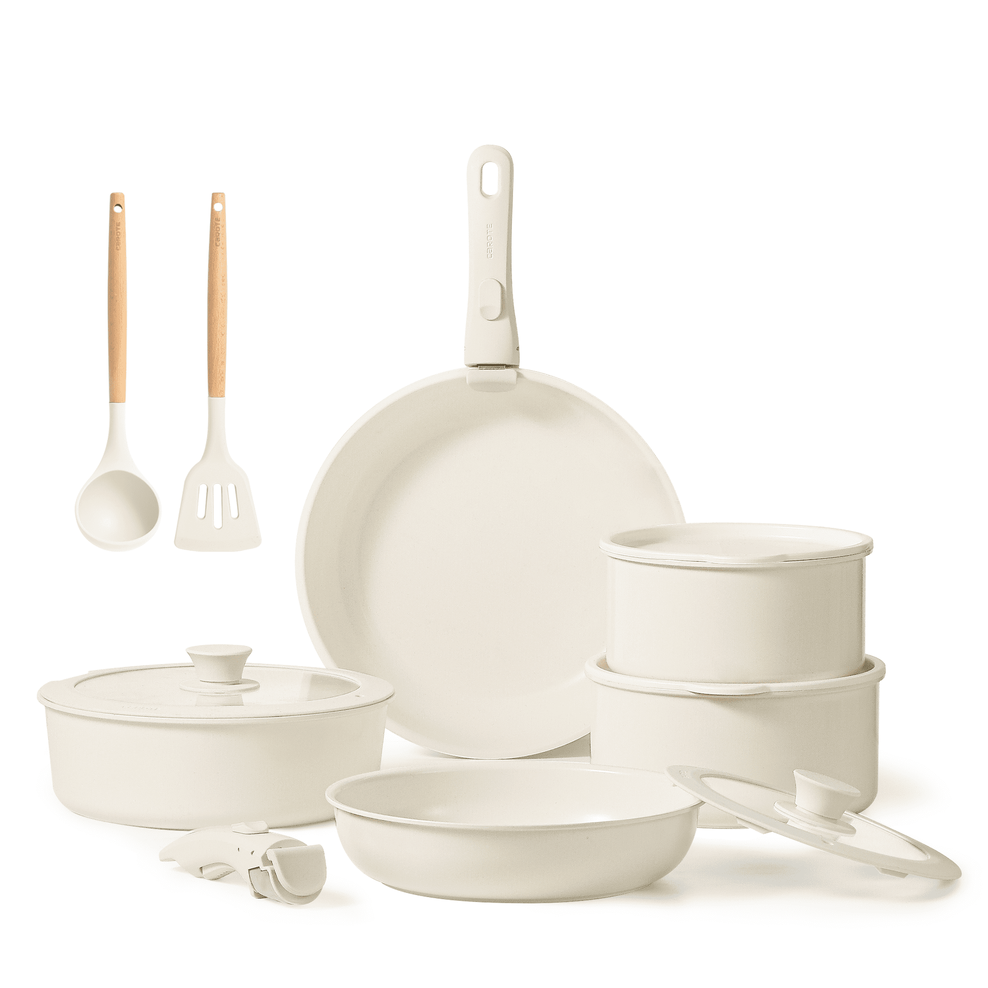 CAROTE 13-Piece Ceramic Cookware Set, Detachable Handle Pots and Pans Set, Oven Safe, Cream White