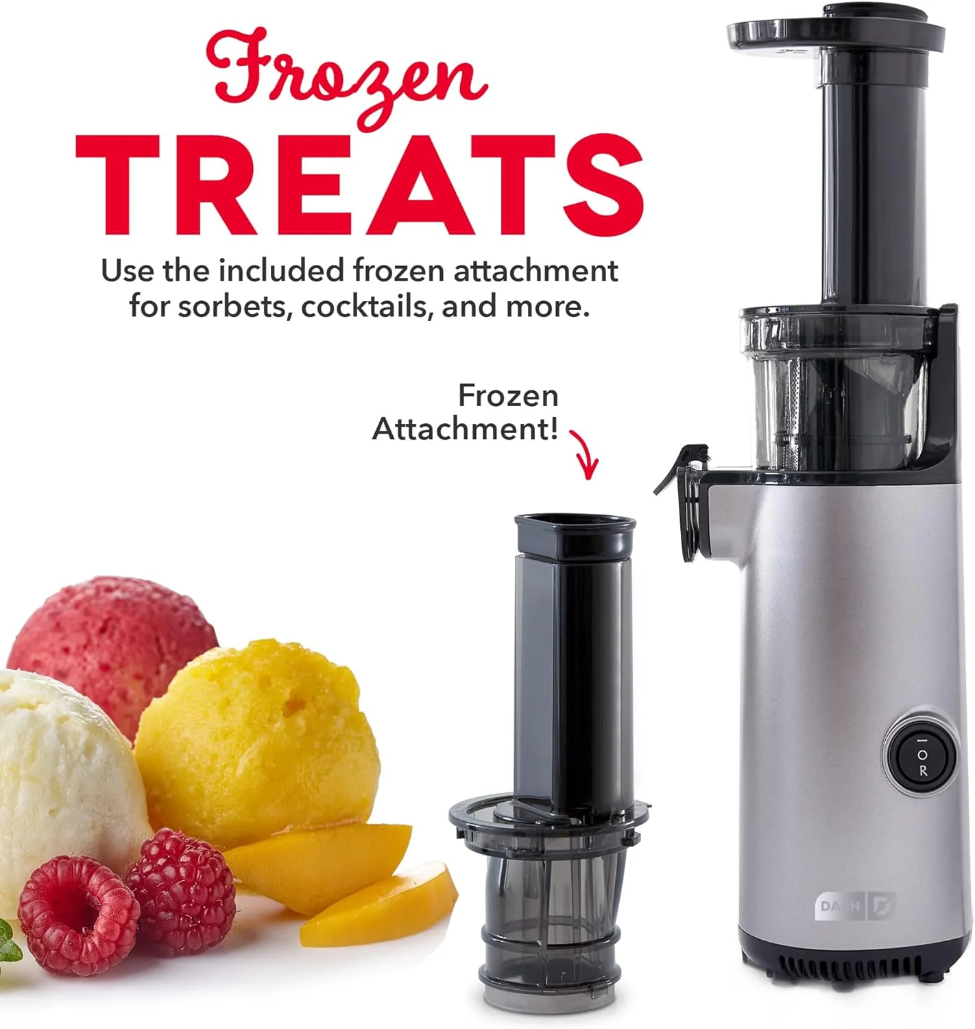 DASH Deluxe Compact Masticating Slow Juicer, Easy to Clean Cold Press Juicer with Brush, Pulp Measuring Cup, Frozen Attachment and Juice Recipe Guide - Graphite