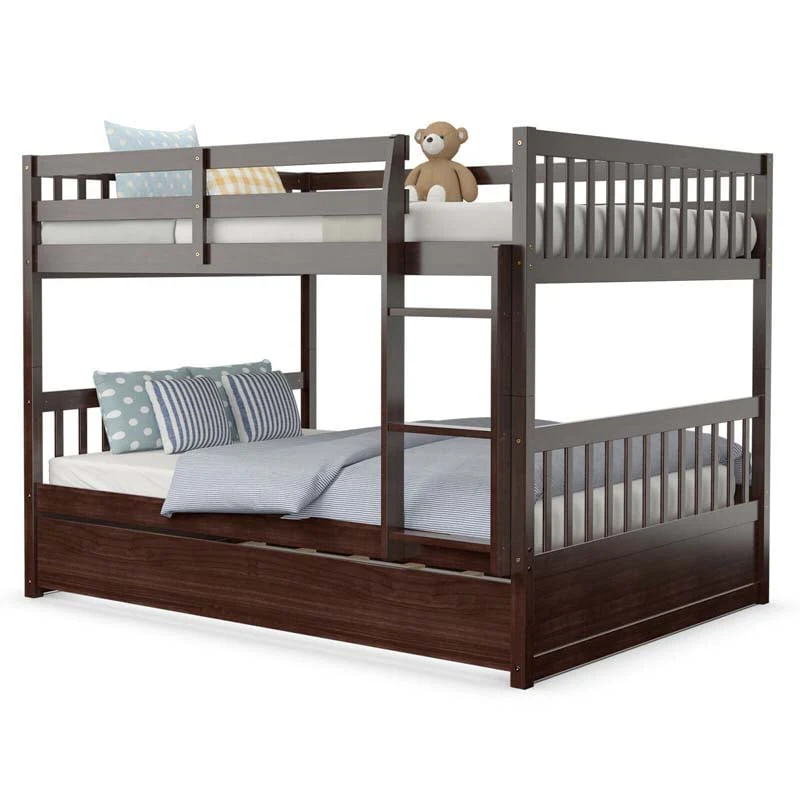 Solid Wood Full Over Full Bunk Bed Frame with Trundle, Safety Ladder & Guardrails, Convertible Bunk Bed for Kids Teens