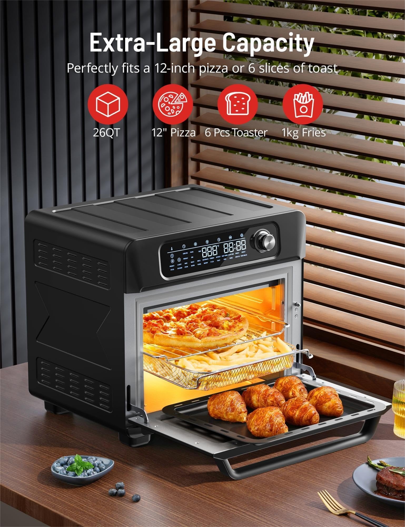 TaoTronics Air Fryer, 26 QT Extra Large Capacity Toaster Oven 24 in 1 Combo, 1700W, Stainless Steel