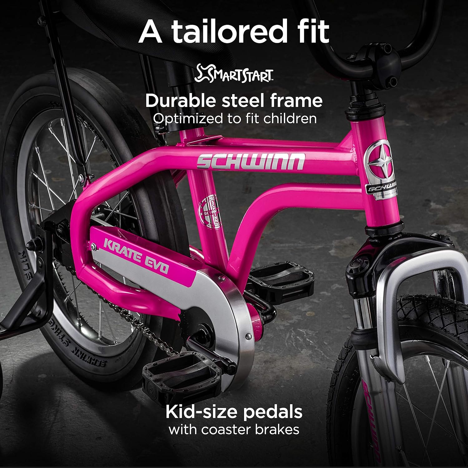 Schwinn Krate EVO Kids Bike, 16-Inch Wheels, Ages 3-5, Raspberry, Alloy Steel Frame, Training Wheels, Rear Coaster Brake