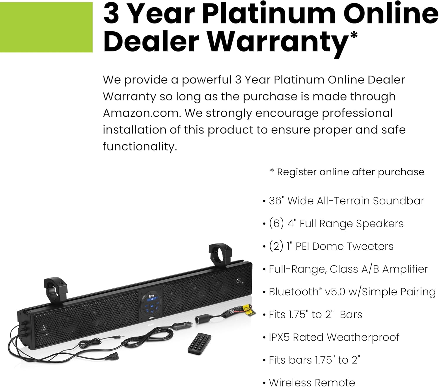 Audio Systems BRT26A ATV UTV Sound Bar - 26 Inch Wide, 4 Inch Speakers, 1 Inch Soft Dome Tweeters, Full Range, IPX5 Weatherproof, Bluetooth, Built-in Amplifier, Golf Cart Compatible