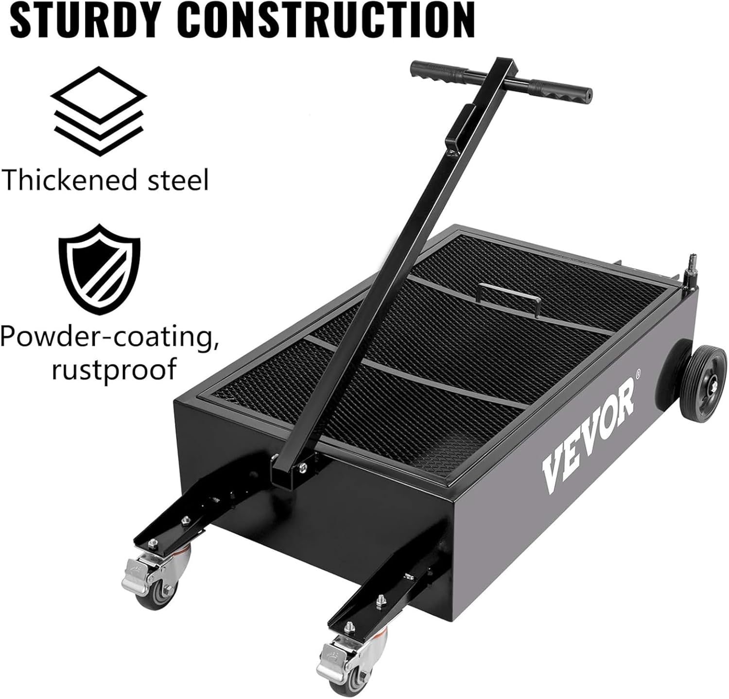 Low-Profile 15 Gallon Oil Drain Pan with 180W Electric Pump, Folding Handle & Wheels for Trucks, Buses, RVs