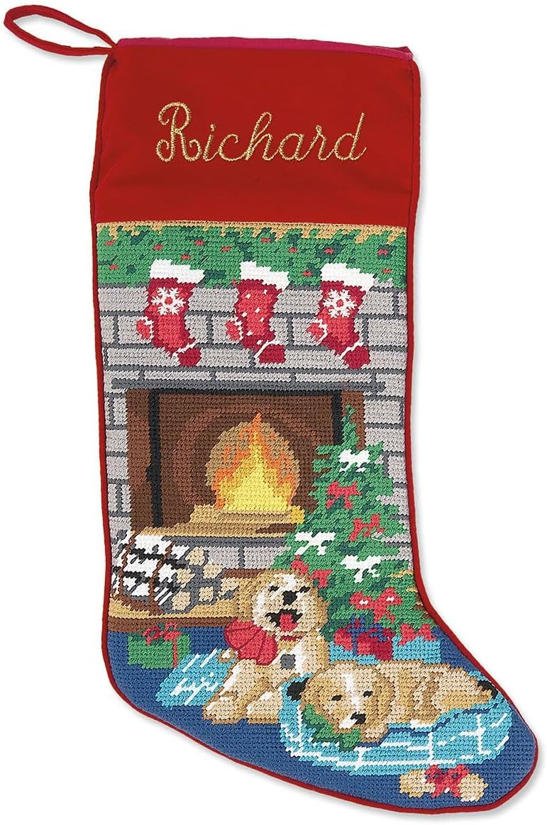 Lillian Vernon Personalized Needlepoint Reindeer Stocking - Heirloom Christmas Stocking, 100% Wool, 9.5” W x 17” L