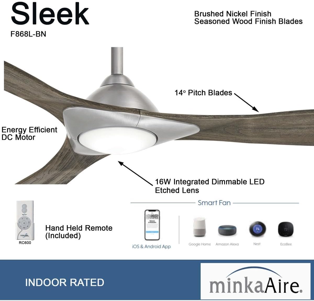 Minka-Aire Sleek 60′′ Ceiling Fan, Soft Brass/White, LED, Smart Remote/App Control, Energy Star Certified