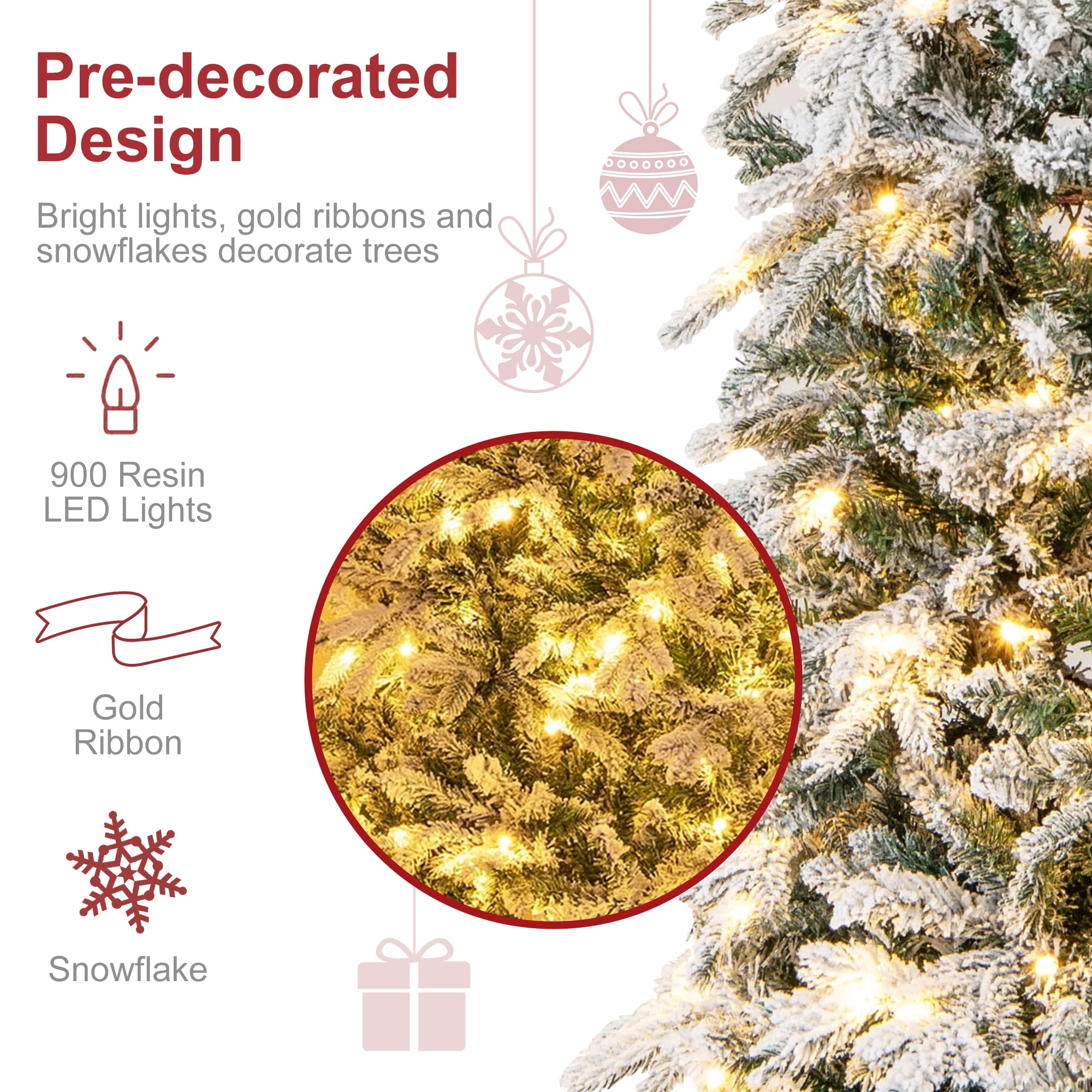 Vrilay 6ft Pre-Lit Snow Flocked Artificial Christmas Tree w/ 1000 Tips 300 Lights, Gold Ribbon & Snowflake Christmas Decorations