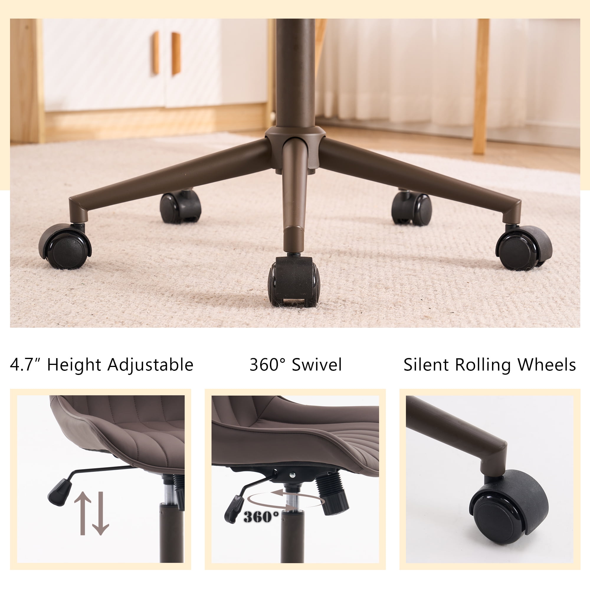 YOUNIKE Cute Armless Office Desk Chair Modern Upholstered Faux Leather Swivel Task Chair, Brown