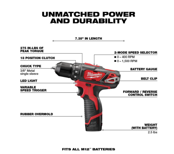 2407-22-2415-20-48-11-2460 M12 12V Lithium-Ion Cordless 3/8 in. Drill/Driver Kit with M12 3/8 in. Right Angle Drill and 6.0 Ah XC Battery Pack