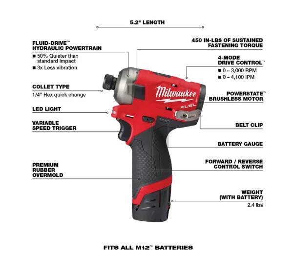 2551-22-2554-20 M12 FUEL SURGE 12V Lithium-Ion Brushless Cordless 1/4 in. Hex Impact Driver Compact Kit   M12 FUEL 3/8 in. Impact Wrench