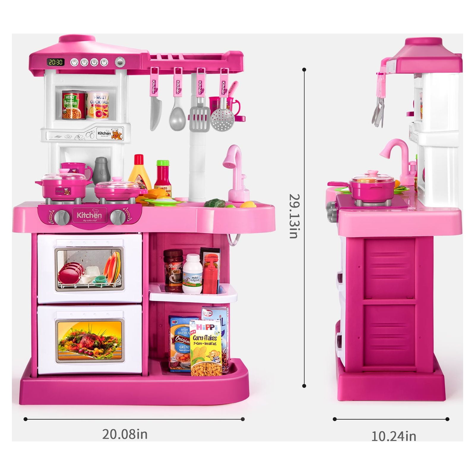Temi Kitchen Playset Pretend Food - 53 PCS Kitchen Toys for Toddlers, Toy Accessories Set w/ Real Sounds and Light, Suitable Height (Pink)