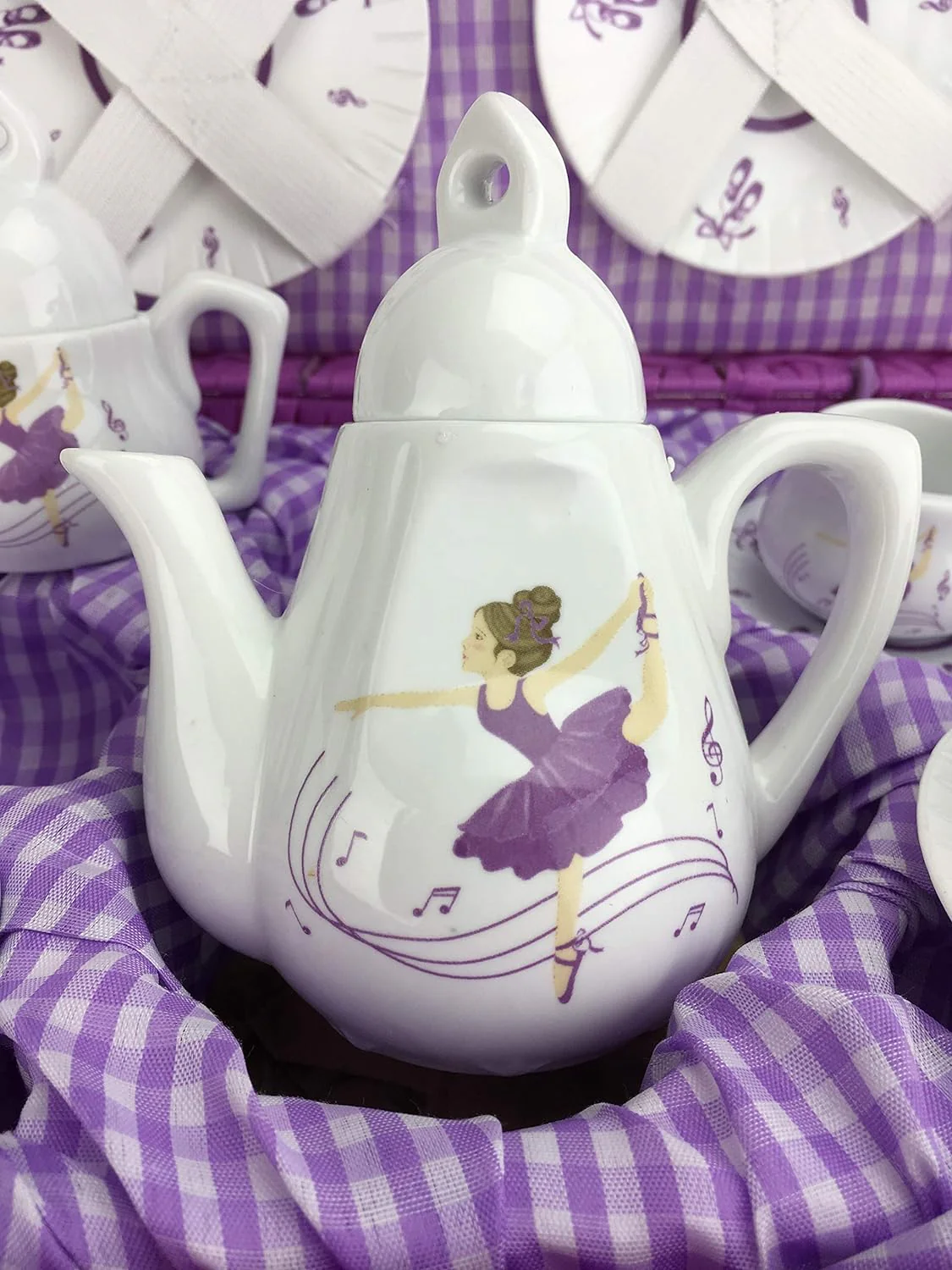 Porcelain Tea Set in Basket, Purple Dancer