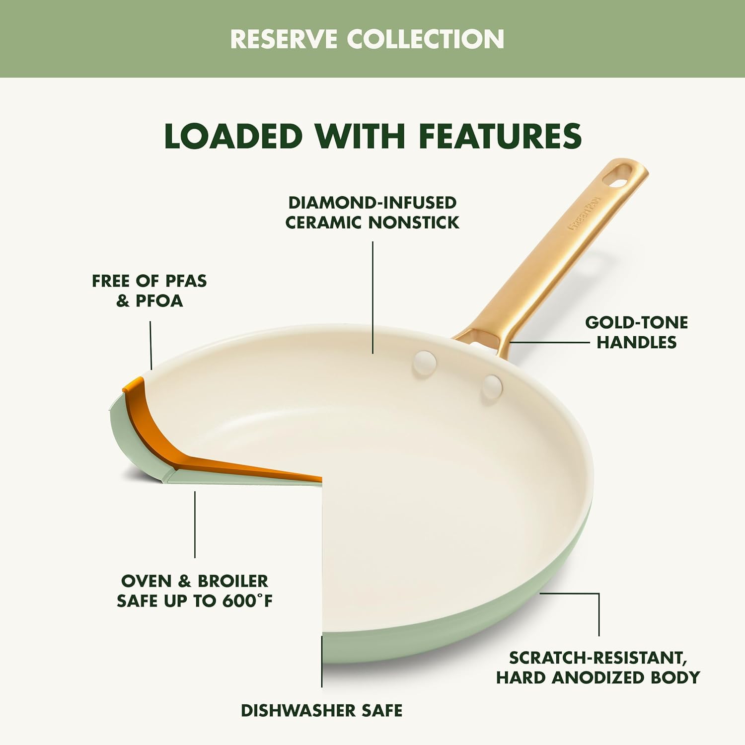 Reserve Hard Anodized Healthy Ceramic Nonstick 10 Piece Cookware Pots and Pans Set, Gold Handle, PFAS-Free, Dishwasher Safe, Oven Safe, Black