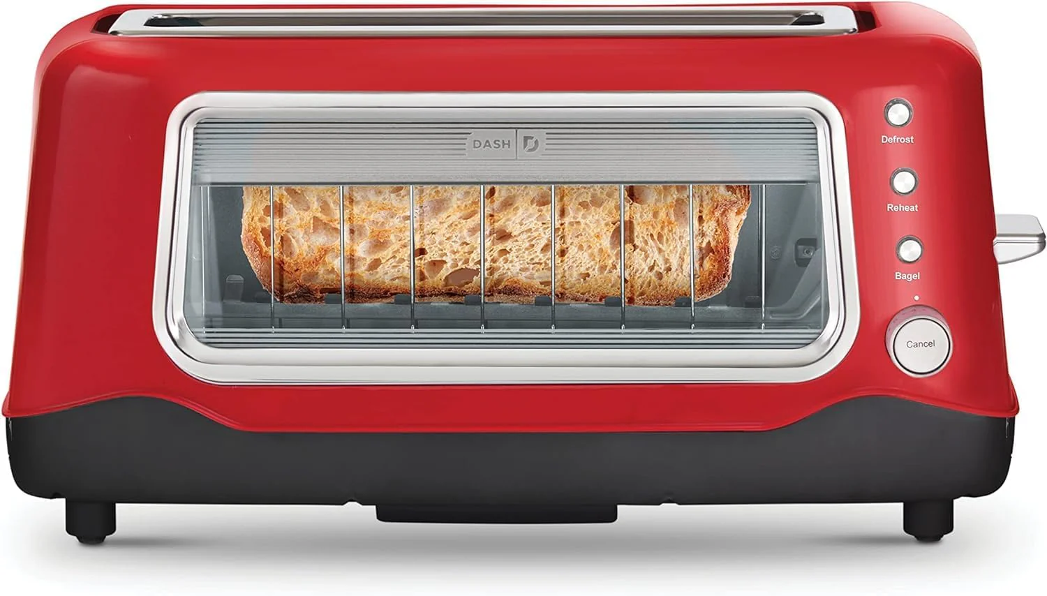 DASH Clear View Toaster - Compact Design with 7 Browning Levels & Clear-View Window, Extra-Wide Slot Large Toaster, 1-Touch Defrost, Reheat & Bagel Functions - Easy Clean Up Crumb Tray (Red)