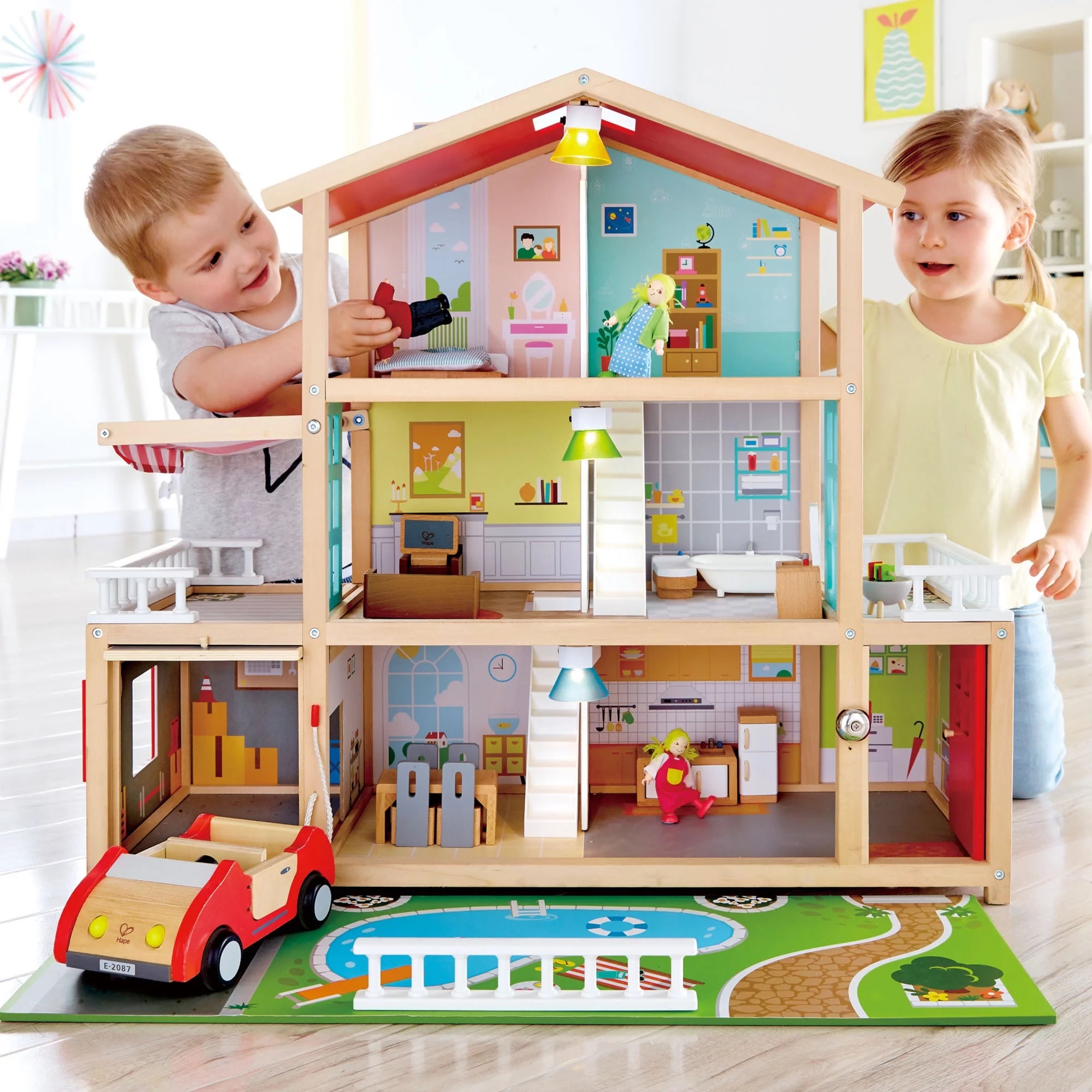 Hape Family Mansion Kid's Wood Dollhouse with LED Lights, Product Height 28.43 in