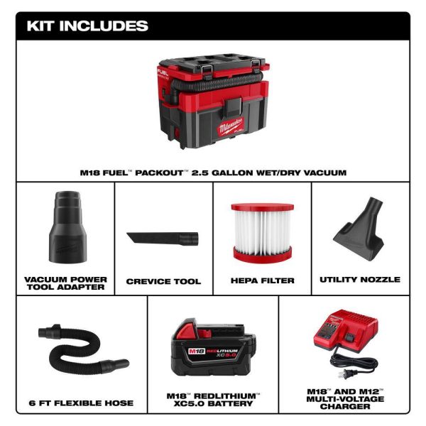 0970-20-48-59-1850 M18 FUEL PACKOUT 18-Volt Lithium-Ion Cordless 2.5 Gal. Wet/Dry Vacuum with 5.0 Ah Battery and Charger